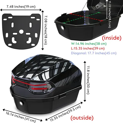 Miniatura 5 de 35L Motorcycle Top Case, Motorcycle Daily Tail Box Trunk Lockable Storage Carrier Plastic Case with Soft Backrest Universal Mounting for Helmet