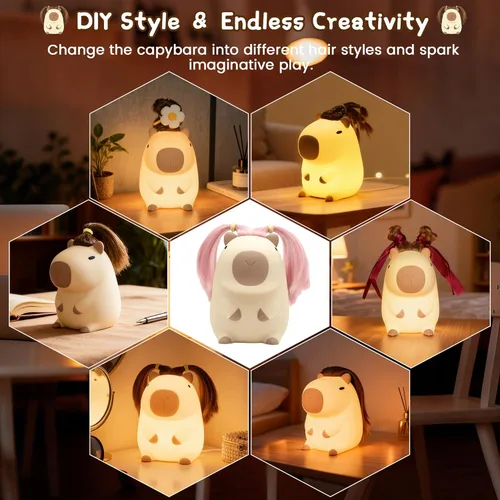 Miniatura 2 de Linda luz nocturna de capybara con peinado DIY, lámpara de silicona esponjosa, luz nocturna para habitación infantil, lámpara de mesita recargable