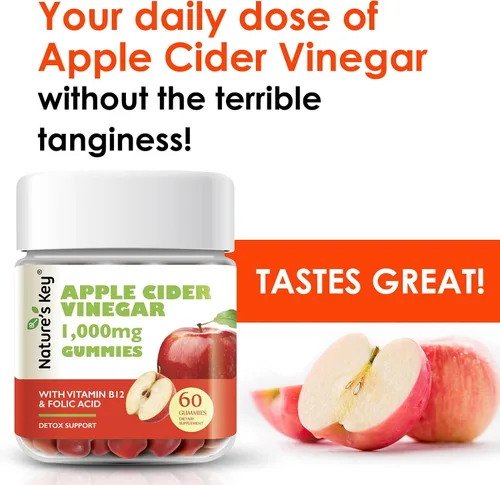 Miniatura 3 de Nature's Key Gomitas de vinagre de sidra de manzana, para apoyo de desintoxicación y limpieza, gomitas veganas ACV con ácido fólico, vitamina B6 B12