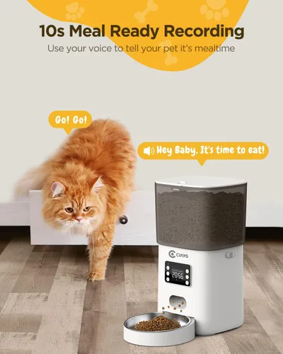 Miniatura 4 de Ciays Comedero automático para gatos, 6L, blanco, plástico y acero inoxidable, dispensa hasta 20 porciones, 6 comidas por día, con alarmas