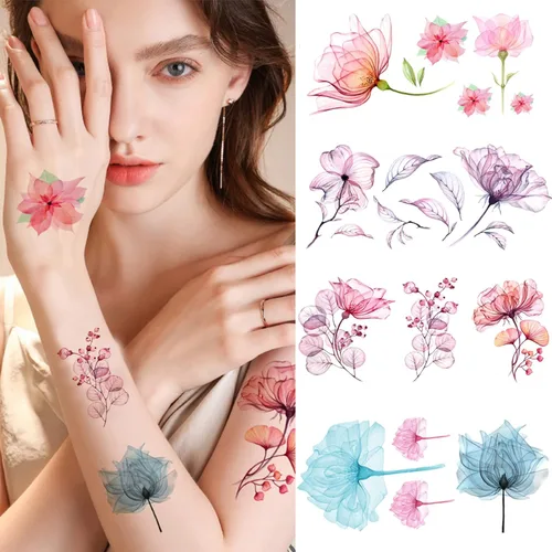 Miniatura 4 de Tatuajes temporales de flores para mujer, 10 hojas de calcomanías de tatuaje de acuarela falsa de lirio de rosas, arte impermeable para cara
