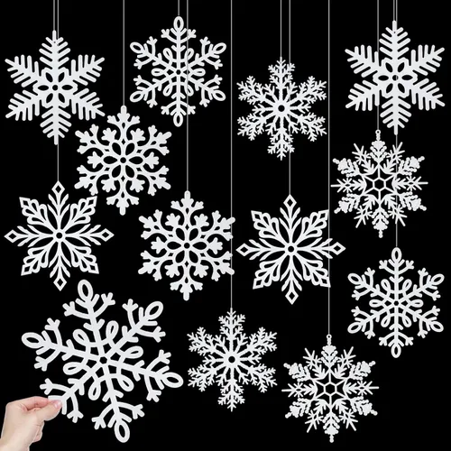 Miniatura 8 de Adornos de copo de nieve con purpurina de 12 pulgadas, copos de nieve blancos grandes de plástico para árbol de Navidad de interior/exterior
