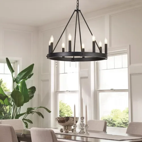 Miniatura 8 de Candelabro de 8 luces con rueda de carro, de 24 pulgadas, color negro, redondo, para comedor, moderna e industrial, isla de cocina, lámparas