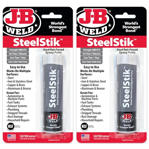J-B Weld SteelStik, 1 hora de curado, palo de masilla epoxi reforzado con acero, paquete de 2, gris oscuro (8267-2)