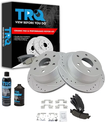 TRQ Kit de pastillas de freno trasero y rotor de cerámica con revestimiento en G de alta calidad, ranurado X perforado, compatible con 02 Cadillac