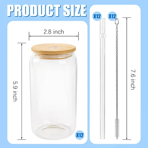 Miniatura 3 de Joyclub Paquete de 12 vasos de vidrio de sublimación con tapas y pajitas de 16 onzas, vaso de vidrio transparente de sublimación en blanco, tazas