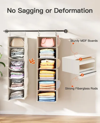 Miniatura 4 de Pipishell Organizador colgante de armario con 6 estantes, estantes colgantes para armario con 3 cajones extraíbles y bolsillos laterales, Blanco