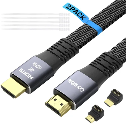 Cable HDMI plano (paquete de 2, 8 pies + 8 pies), cable trenzado HDMI 4K de alta velocidad, cobre puro, soporta 4K @60Hz 2160p 1080p HDR HDCP 2.2
