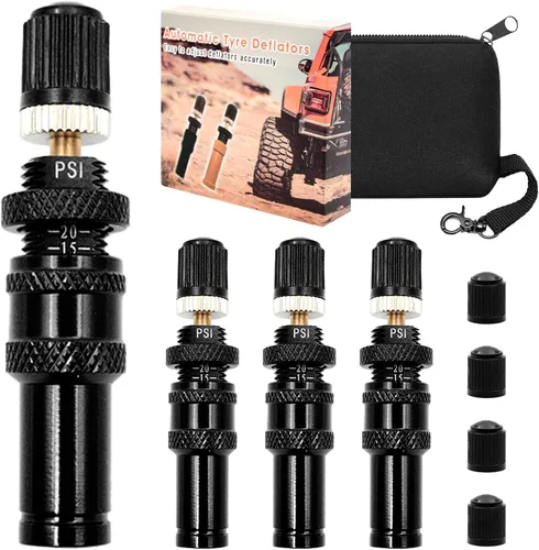Kit de válvula deflatora de neumáticos de parada automática ajustable (10-30 PSI), 4 piezas de herramienta de desinflador de neumáticos