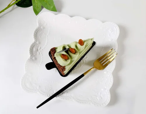 Miniatura 8 de Jusalpha Juego de 4 platos cuadrados de cerámica de encaje en relieve, juego de platos de pasta/ensalada/postre, lavavajillas, microondas, juego