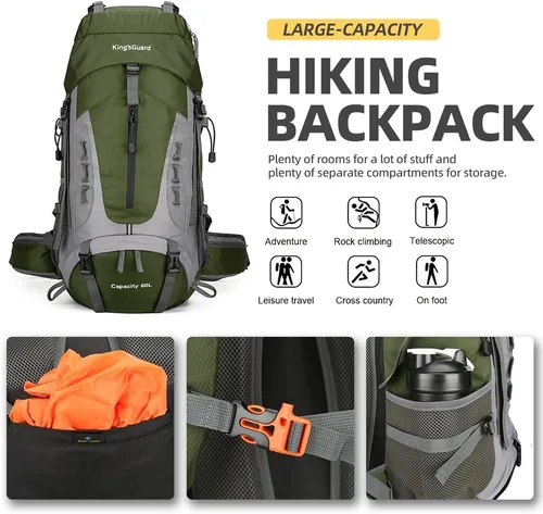 Miniatura 4 de King'sGuard Mochila de senderismo de 60 L para hombres y mujeres, mochila ligera para acampar y senderismo con cubierta para la lluvia, mochila