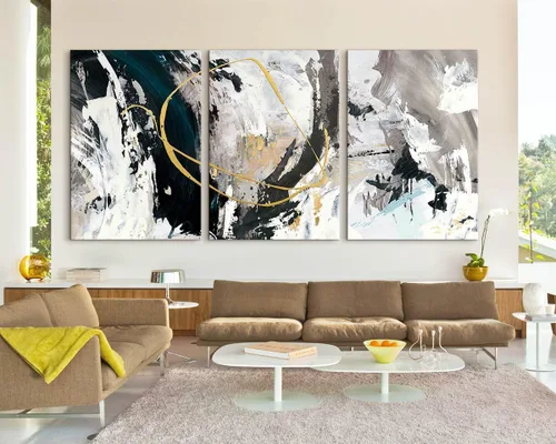 Miniatura 5 de GIFTTWART Arte abstracto de gran tamaño para pared, pintura en lienzo negro, blanco y dorado con aspecto texturizado para decoración de sala