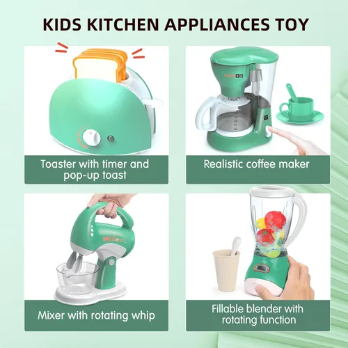 Miniatura 9 de Yalujumb Juego de juguetes de cocina, juego de electrodomésticos de cocina con cafetera, mezclador, tostadora con luces y sonidos realistas, regalo