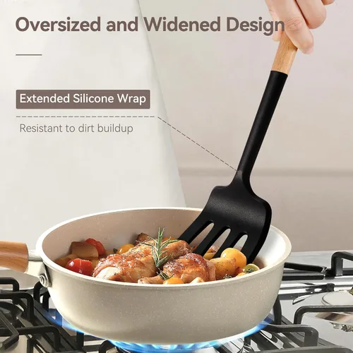 Miniatura 3 de NCUE Juego de utensilios de cocina, juego de 6 utensilios de cocina de silicona antiadherentes, mango de madera, resistente al calor, espátula