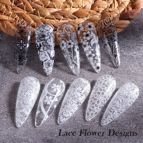 Miniatura 6 de Calcomanías de transferencia de papel de aluminio de encaje para decoración de uñas, calcomanías de transferencia de flores blancas y negras