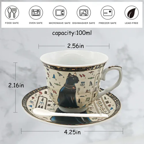 Miniatura 3 de Juego de tazas y platillos de café expreso de cerámica dorada egipcia, taza Demitasse de 3.4 oz/3.4 fl oz, regalo de porcelana para cumpleaños