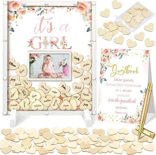 Miniatura 10 de Beeveer 65 piezas de libro de invitados para baby shower, libro de invitados azul para baby shower, libro de invitados con marco de fotos y 60 chips