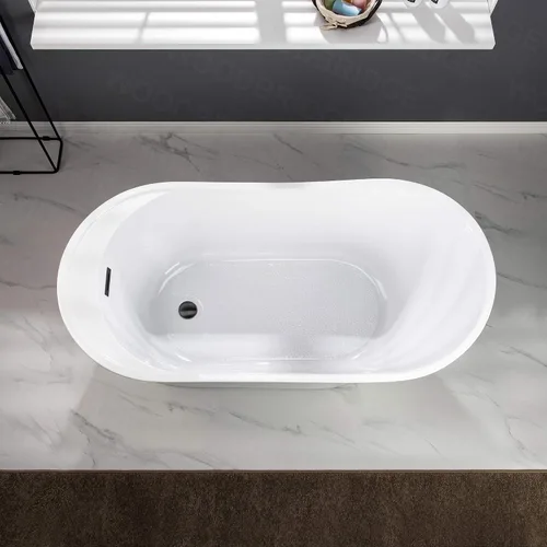 Miniatura 4 de WOODBRIDGE Bañera de acrílico independiente de 59 pulgadas, bañera contemporánea con desbordamiento y drenaje negro mate B0083-MB-Drain O/blanco
