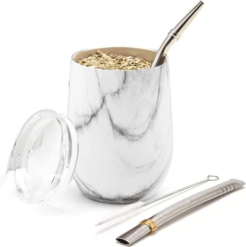 Miniatura 11 de BALIBETOV Juego de calabaza de yerba mate de acero inoxidable premium, 5 piezas, incluye calabaza de 12 onzas con tapa, 2 bombillas, cepillo