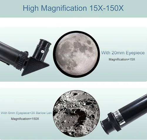 Miniatura 3 de Telescopio para adultos y niños, refractor de apertura de 2.756 in (15X-150X), telescopio de viaje portátil con adaptador de teléfono y control Negro