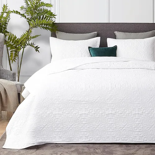 Hansleep - Juego de colcha blanco tamaño queen, colcha de ultrasonido barroca para todas las estaciones, juego de ropa de cama de edredón suave y
