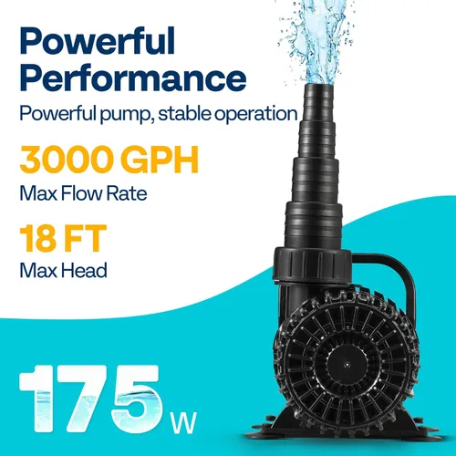 Miniatura 2 de VIVOHOME Bomba de agua sumergible de 175W 3000GPH con boquilla ajustable sin costuras de 180° y bolsa de barrera para estanque de peces koi
