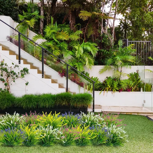 Miniatura 6 de 12 paquetes de plantas artificiales para exteriores, flores resistentes a los rayos UV, plantas de césped alto falsas, arbustos tropicales Blanco