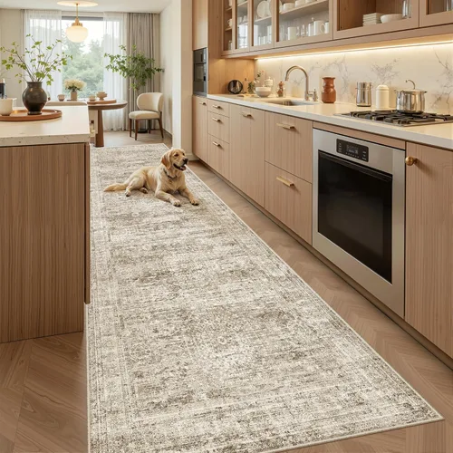 Miniatura 91 de Alfombra de pasillo Soalmost 2'6" x 10' lavable, alfombra antideslizante para cocina, baño, lavandería, alfombras vintage ultra delgadas para Beige