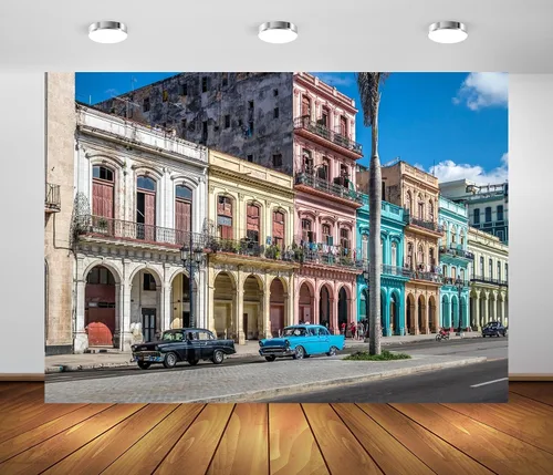 BELECO Telón de fondo de tela de 5 x 3 pies para la calle de Cuba Ciudad Latinoamericana Vieja Habana Centro Calle Colorido Fondo de Casa Cuba