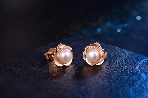 Miniatura 4 de JORA Aretes de oro rosa y plata esterlina con perla en flor negra, para mujer
