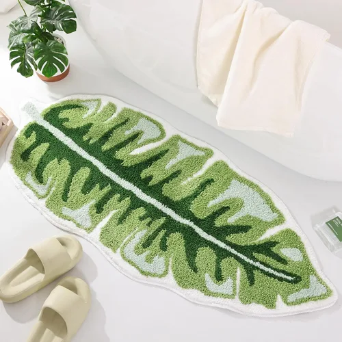 Panstar Green Leaf - Tapete de baño con planta de plátano grande, antideslizante, absorbente, bonita en forma de palma, alfombra de ducha de felpa