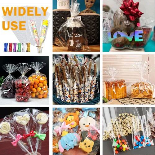 Miniatura 5 de 100 bolsas de celofán de 3 x 11 pulgadas, transparentes, largas, planas, para regalo, bolsas de pretzel transparentes con 6 colores mezclados