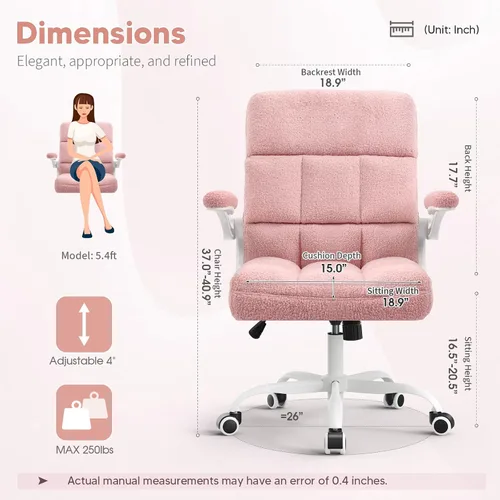 Miniatura 2 de Silla de oficina con ruedas, silla ergonómica de escritorio para computadora con reposabrazos abatible, silla giratoria ajustable con ruedas de Rosa