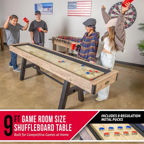 Miniatura 2 de GoSports Mesa de tejo premium de 9 pies con 8 discos, cera para shuffleboard y cepillo