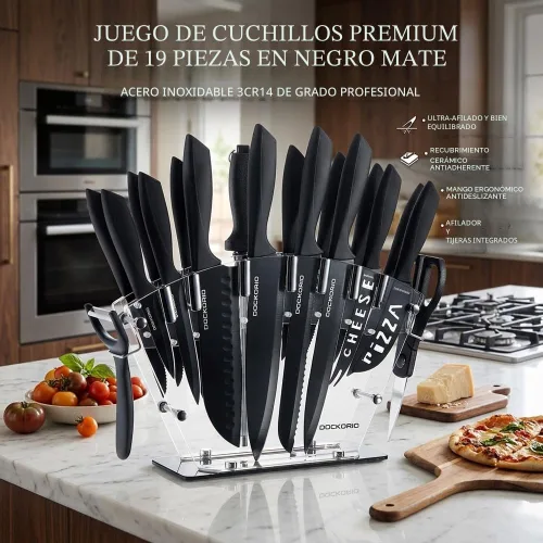 Miniatura 3 de Juego de cuchillos de cocina con bloque, 19 piezas de acero inoxidable de alto carbono afilado incluye juego de cuchillos de carne dentados, Negro