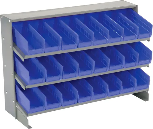 Global Industrial Estante para banco de 3 estantes, (24) 4" W contenedores azules, 33x12x21