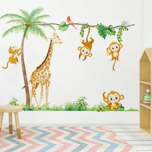 Miniatura 3 de Runtoo Calcomanías de pared de animales de safari para guardería, palmera, jirafa, mono, calcomanías de pared para dormitorio de niños Jirafa y Mono