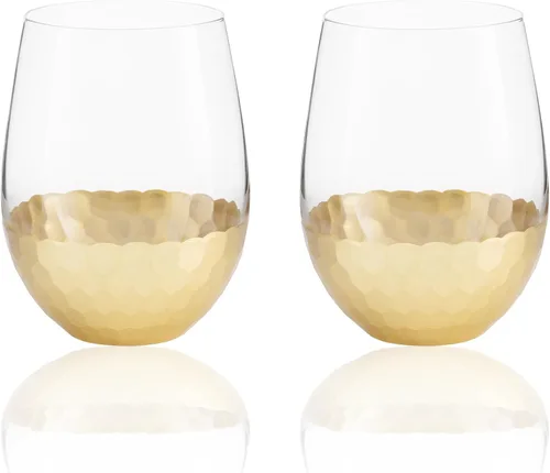 Copas de vino sin tallo, juego de 2, 18 onzas, diseño de panal dorado