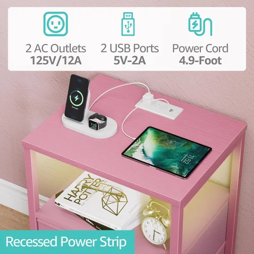 Miniatura 14 de BOLUO Mesita de noche blanca con estación de carga, mesa de noche LED con 2 cajones de tela, mesa auxiliar con puertos USB y tomas de corriente