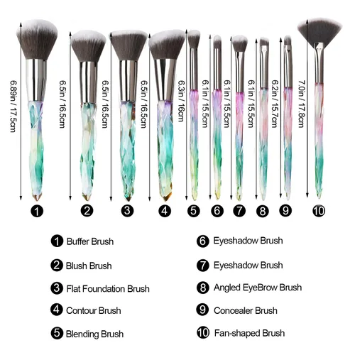 Miniatura 5 de Juego de brochas de maquillaje de 10 piezas, estilo de cristal, cerdas sintéticas de alta calidad, cepillo cosmético profesional, base facial
