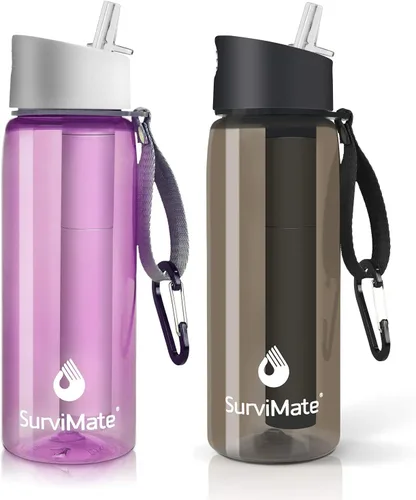 SurviMate Botella de agua purificada para camping, senderismo, mochilero y viajes, sin BPA con popote de filtro integrado de 5 etapas Negro Rosa