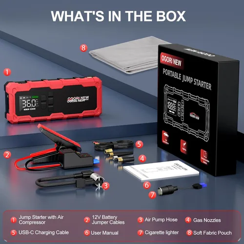 Miniatura 7 de Arrancador de 8000A con compresor de aire, 26800mAh 150PSI arrancador portátil de batería de automóvil (toda gasolina/16L diésel), 12V Supersafe