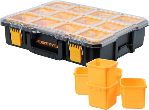 Miniatura 12 de POWERTEC Caja organizadora de herramientas apilable con separadores extraíbles, 17 compartimentos, entrelazado, diseño portátil, paquete de 2 Caja