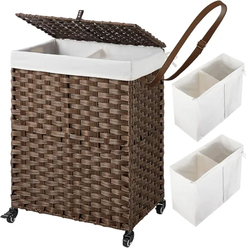 Greenstell Cesto para ropa sucia con ruedas, no necesita instalación, cestas tejidas a mano divididas de 90 litros y 2 bolsas de forro extraíbles,