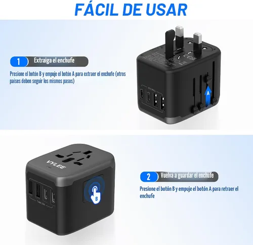 Miniatura 5 de VYLEE - Adaptador de viaje universal, adaptador de corriente internacional 5 en 1, cargador de pared 3.5A 2xUSB-A y 2 USB C, enchufe esencial
