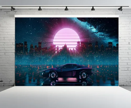 Miniatura 2 de 9x6ft Cyberpunk Car Backdrop Retro Futuristic Cyber City Skyscraper Red Moon Punk Racing Car Background Comic Game Racer Punk Birthday Party Decor