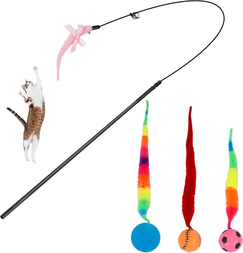 Miniatura 15 de SHENGSEN Juguete de varita de plumas para gatos, pelota inflable con cola para gatos, gusano mágico con juguete de bola grande y colorida