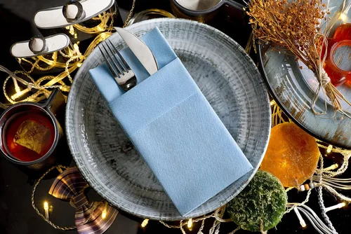 Miniatura 5 de Servilletas de papel desechables azul bebé con bolsillo incorporado para cubiertos, servilletas de tacto de lino absorbentes para cocina, baño