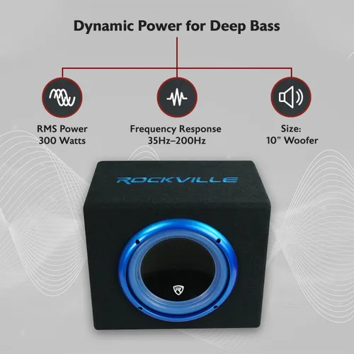 Miniatura 2 de Rockville RVB10.1A Subwoofer activo para automóvil de 10 pulgadas y 500 W con gabinete, amplificador de clase AB integrado, refuerzo de graves