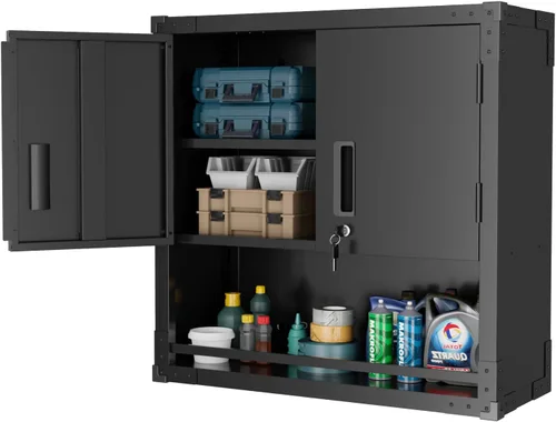 Miniatura 18 de VINGLI Armario de Pared para Garaje con Puertas con Cerradura y Estante Ajustable, Gabinete de Pared de Metal, Gabinete de Almacenamiento Superior